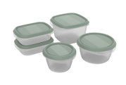 Vooraanzicht van een 5-delige set vershouddozen met groene deksels in verschillende vormen en maten.