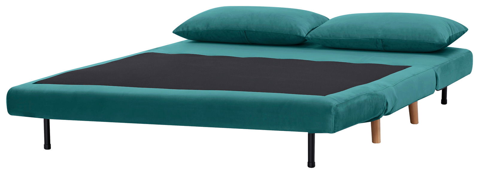 Grünes Funktionssofa in Bettposition, seitliche Perspektive