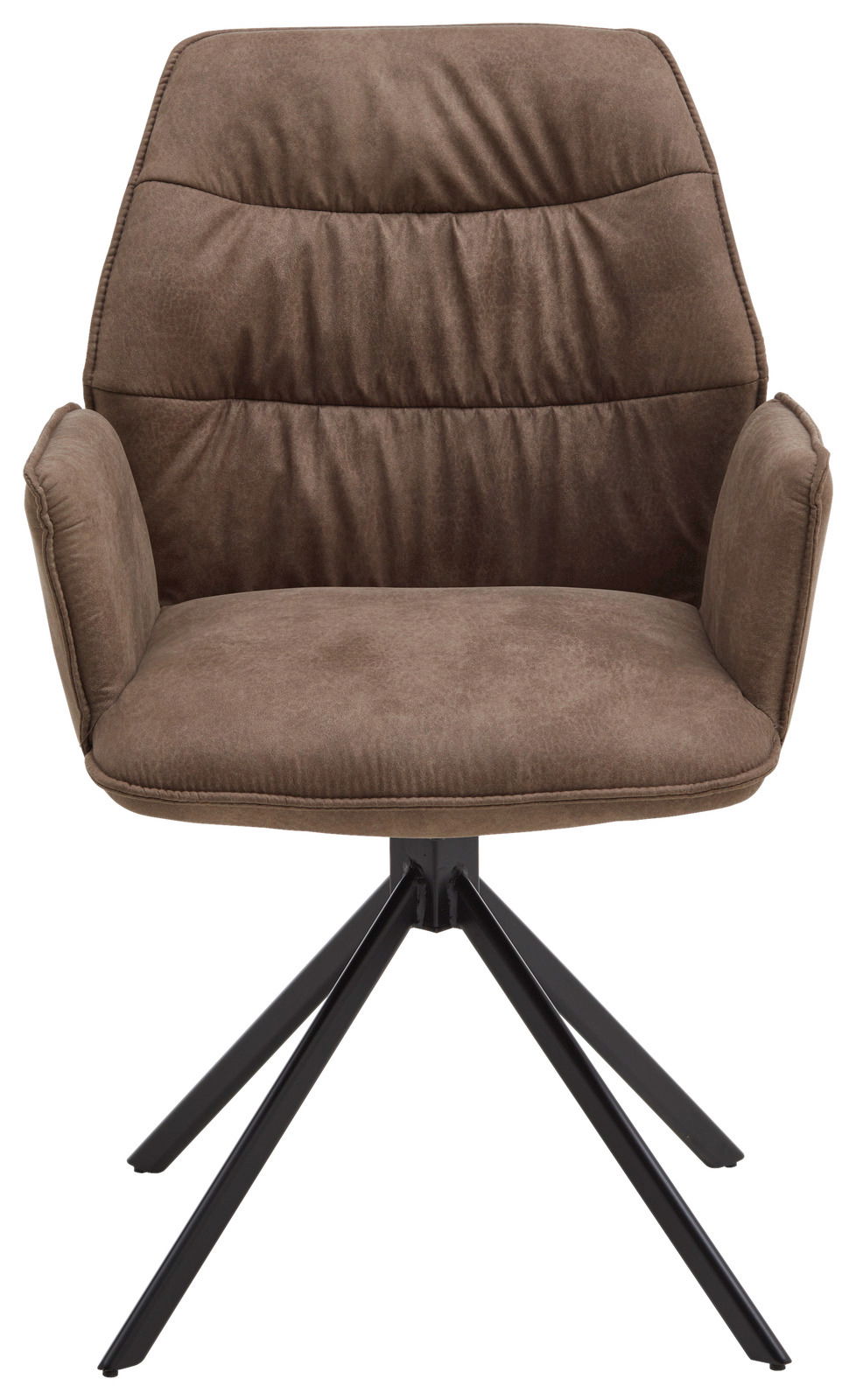 Brauner Sessel mit gepolsterter Rückenlehne und Armlehnen, auf schwarzem Metallgestell, Frontalansicht