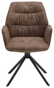 Brauner Sessel mit gepolsterter Rückenlehne und Armlehnen, auf schwarzem Metallgestell, Frontalansicht