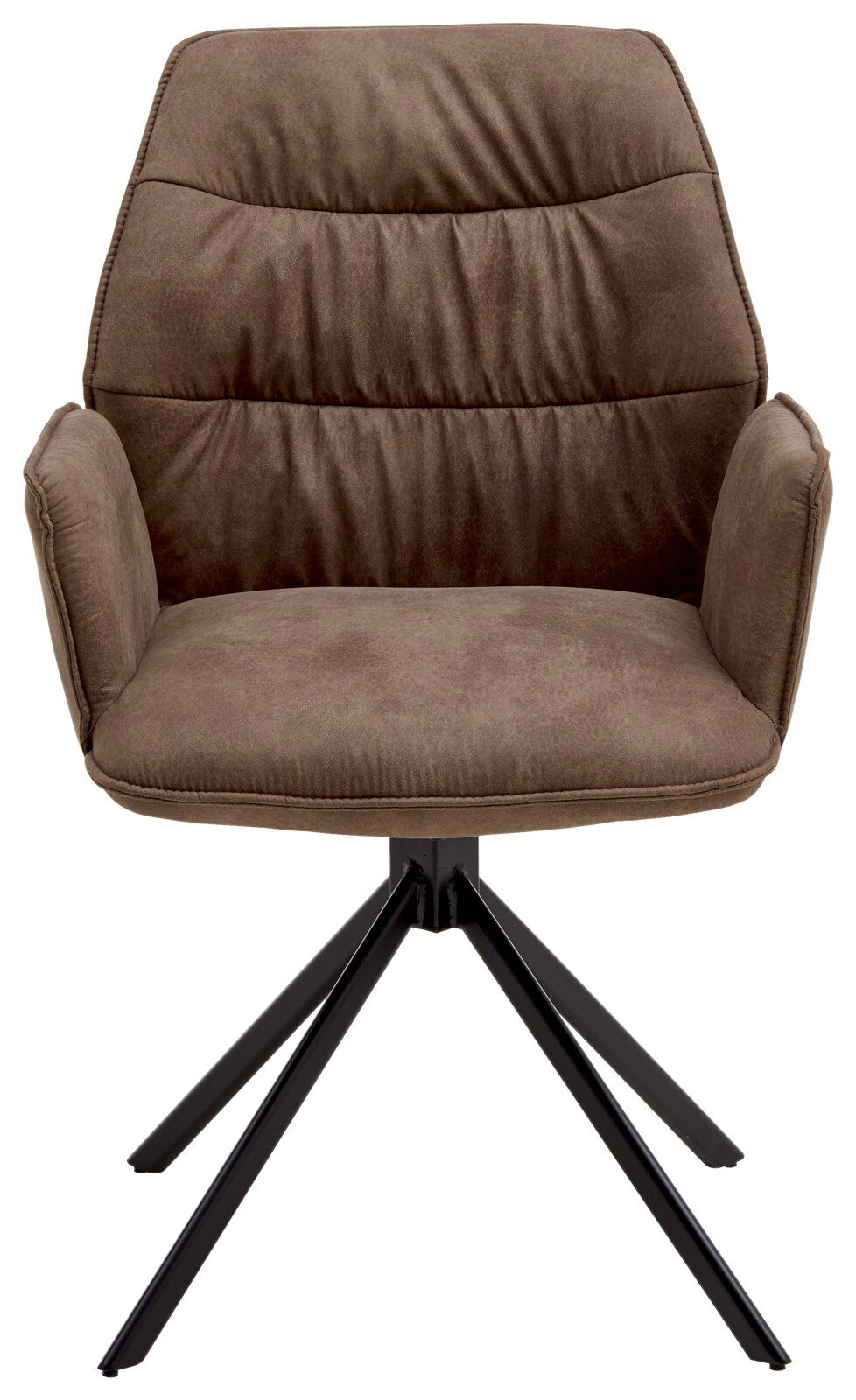 Brauner Sessel mit gepolsterter Rückenlehne und Armlehnen, auf schwarzem Metallgestell, Frontalansicht