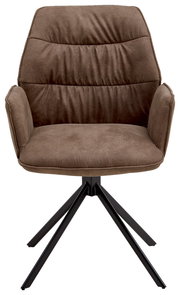 Brauner Sessel mit gepolsterter Rückenlehne und Armlehnen, auf schwarzem Metallgestell, Frontalansicht