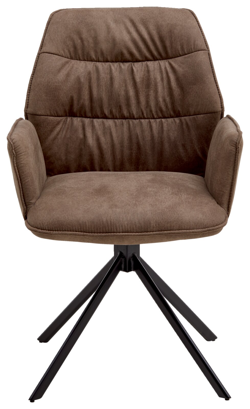 Brauner Sessel mit gepolsterter Rückenlehne und Armlehnen, auf schwarzem Metallgestell, Frontalansicht