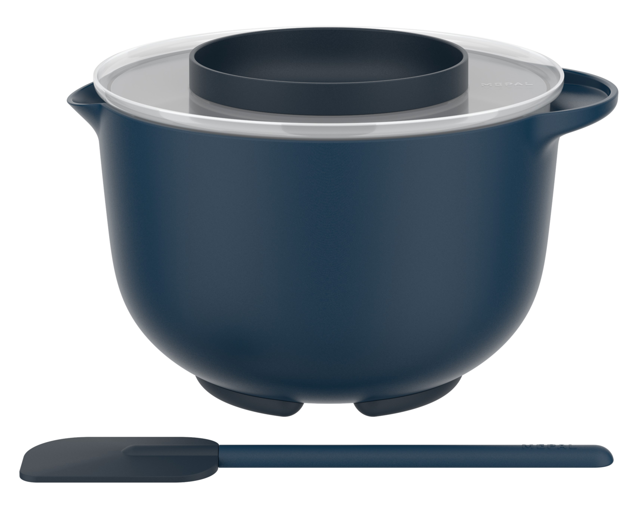 Vorderansicht eines blauen Rührschüssels mit Deckel und Spatel, Teil eines 3-teiligen Starter Back Sets.