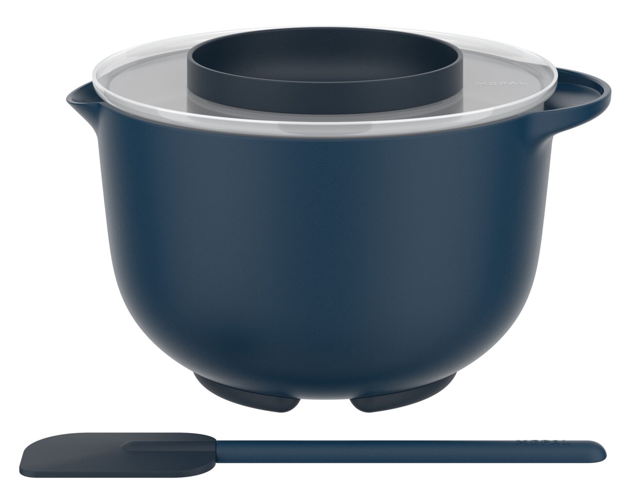 Mepal Starter Back Set 3-tlg. CHEF IT Vorderansicht eines blauen Rührschüssels mit Deckel und Spatel, Teil eines 3-teiligen Starter Back Sets.