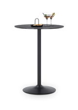 Moderner Bartisch mit runder Tischplatte und schlankem, schwarzem Standfuß, seitliche Perspektive
