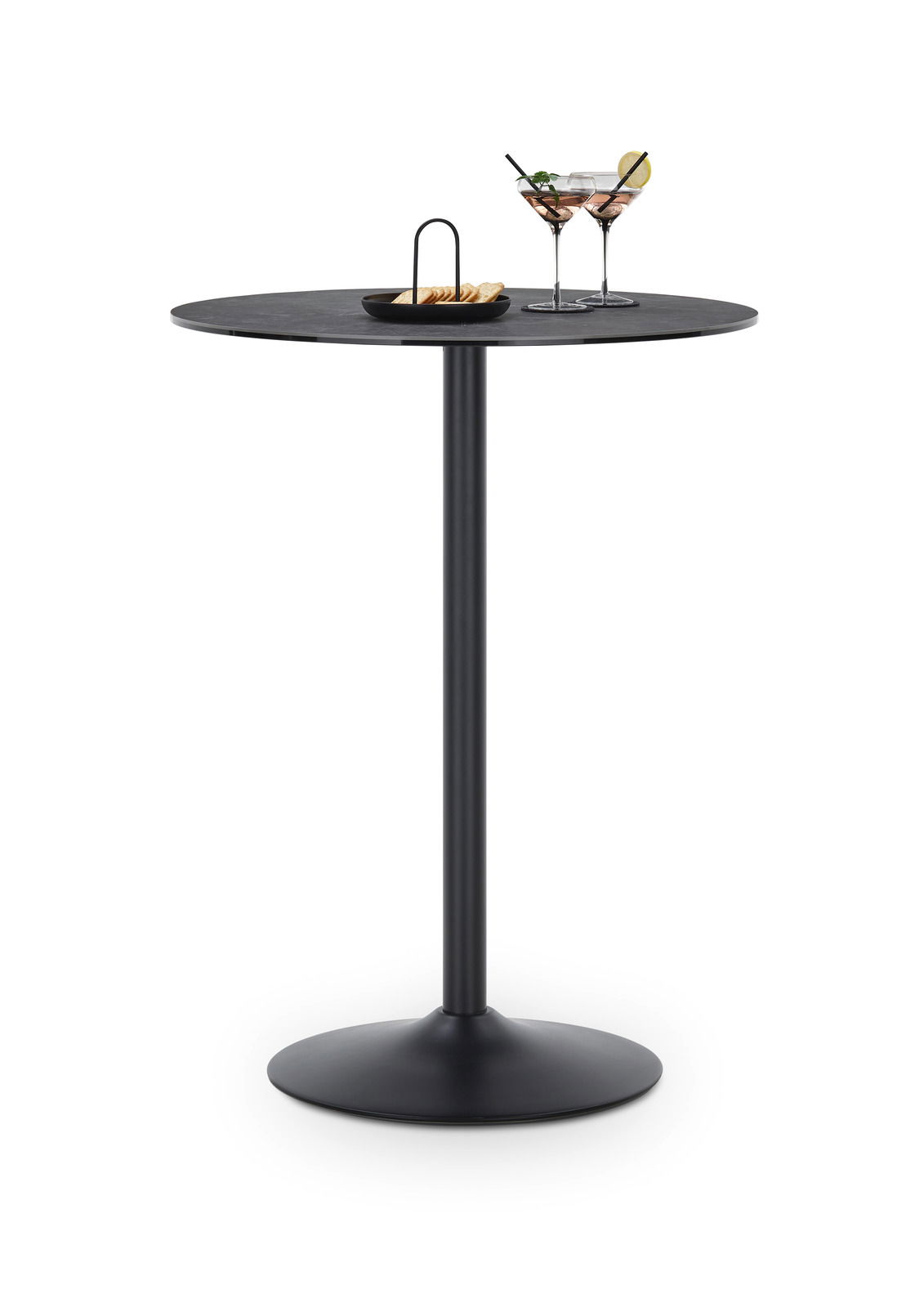 Moderner Bartisch mit runder Tischplatte und schlankem, schwarzem Standfuß, seitliche Perspektive