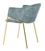 Rückansicht eines eleganten Armlehnstuhls mit blauer, gesteppten Polsterung und goldenen Metallbeinen.