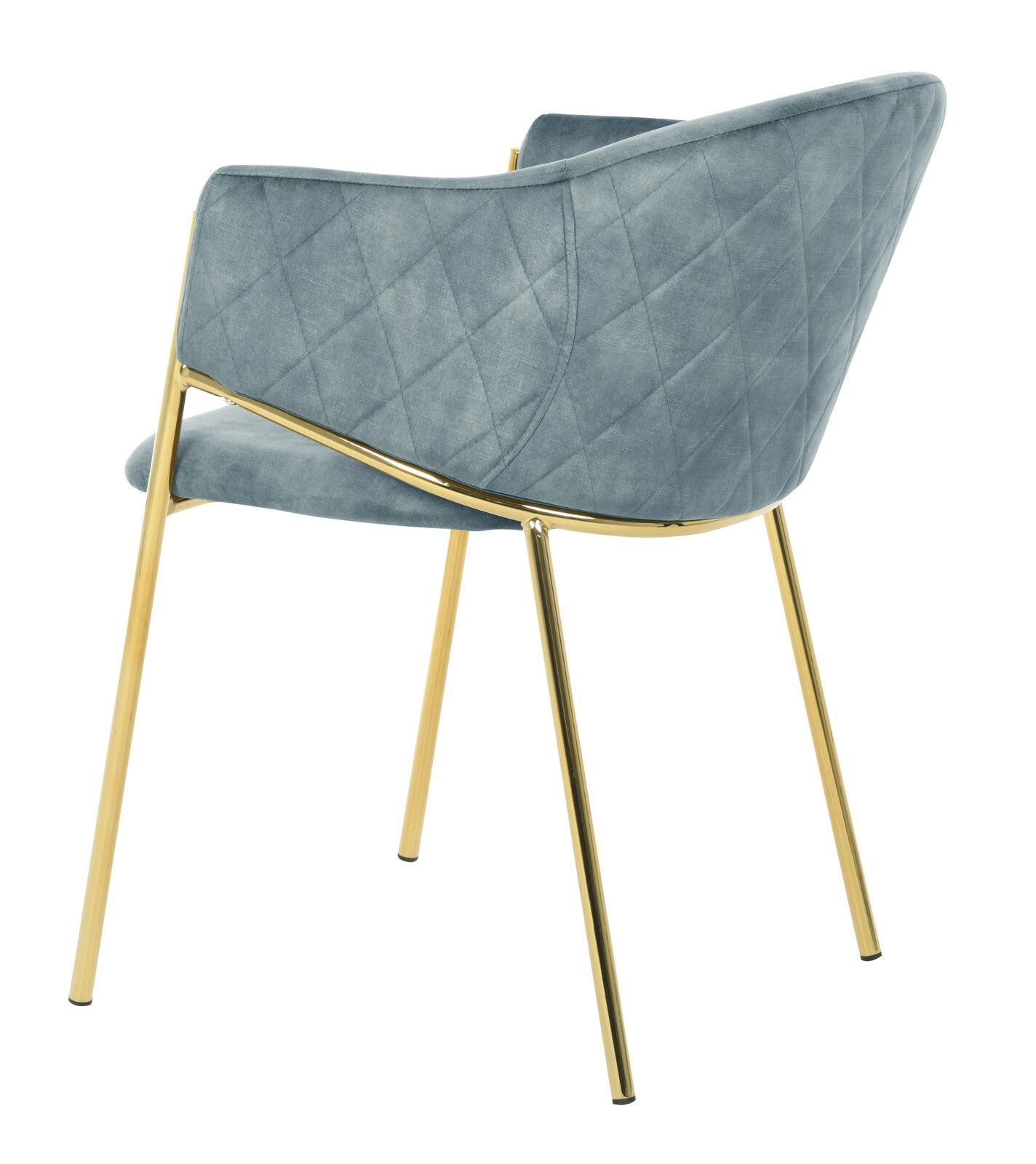 Rückansicht eines eleganten Armlehnstuhls mit blauer, gesteppten Polsterung und goldenen Metallbeinen.