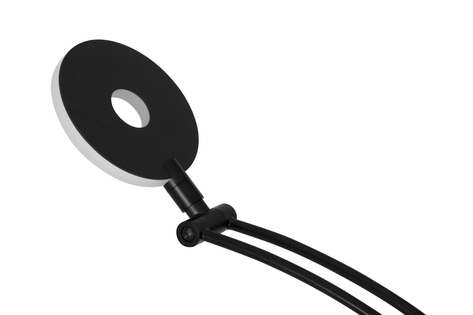 Moderner LED-Deckenfluter mit rundem, schwarzem Lampenkopf aus seitlicher Perspektive