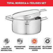 Tefal Nordica 6-teiliges Topfset aus hochwertigem Edelstahl mit Glasdeckel, seitliche Perspektive.