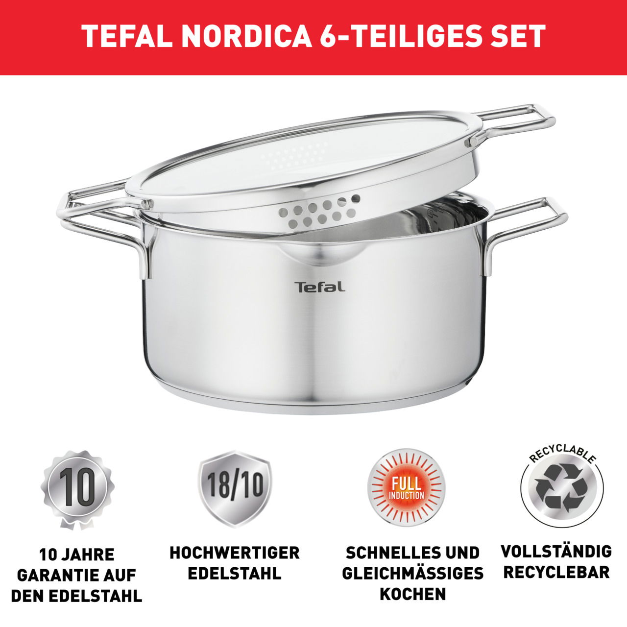 Tefal Nordica 6-teiliges Topfset aus hochwertigem Edelstahl mit Glasdeckel, seitliche Perspektive.