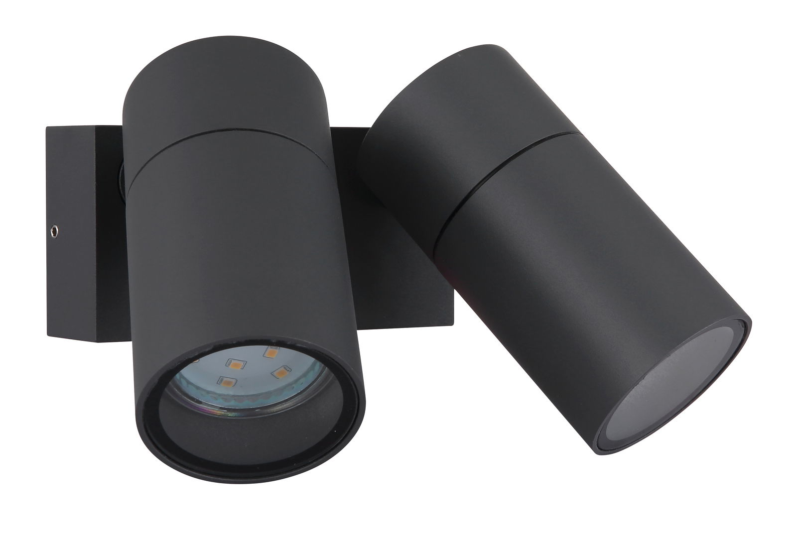 Schwarze Außenwandleuchte mit zwei zylindrischen Strahlern, seitliche Perspektive