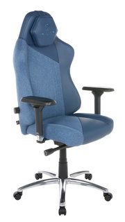 Gaming Stuhl in Blau mit ergonomischem Design, verstellbaren Armlehnen und stabiler Basis, seitliche Perspektive