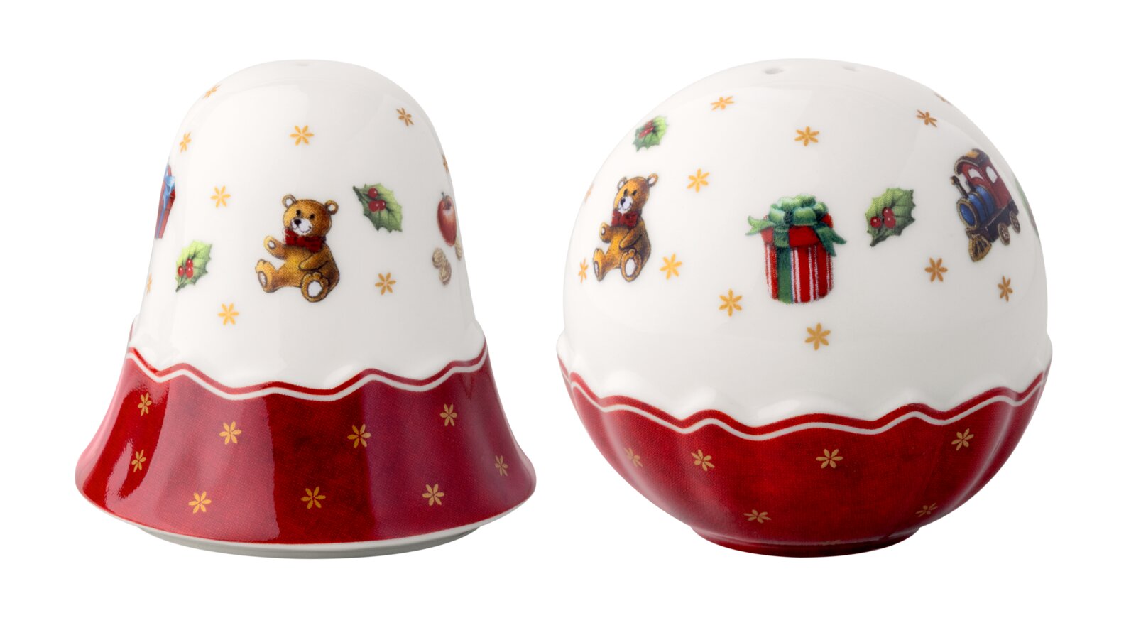 Villeroy & Boch Salz- und Pfefferstreuer Weihnachtliches Salz- und Pfefferstreuer-Set aus weiß-roter Keramik mit Teddybär-, Geschenk- und Stechpalmenmotiven, in frontaler Perspektive präsentiert