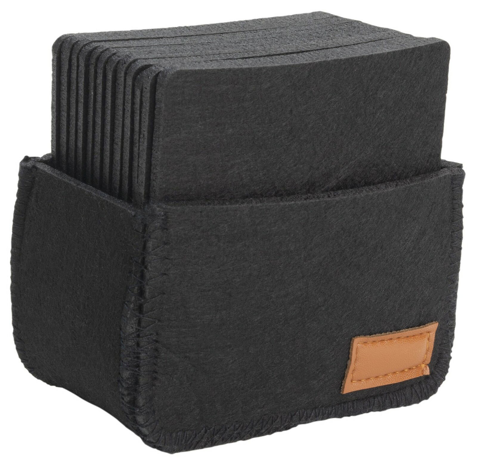 Schwarze Filzuntersetzer in einem passenden Halter, seitliche Perspektive