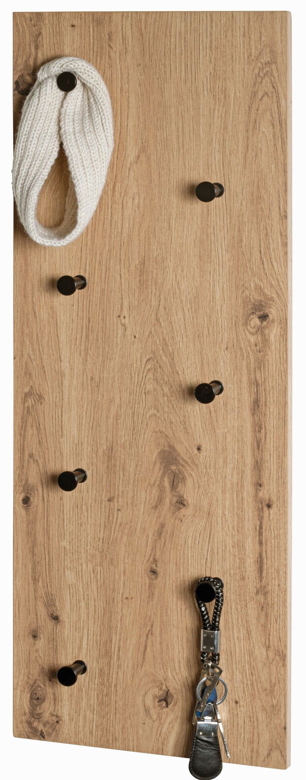 Holzoptik Wandgarderobe mit schwarzen Haken, frontal fotografiert, mit Schal und Schlüsselanhänger.
