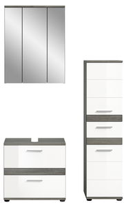 Badezimmermöbel-Set bestehend aus einem Spiegelschrank, einem Waschtischunterschrank und einem Hochschrank, frontal abgebildet.