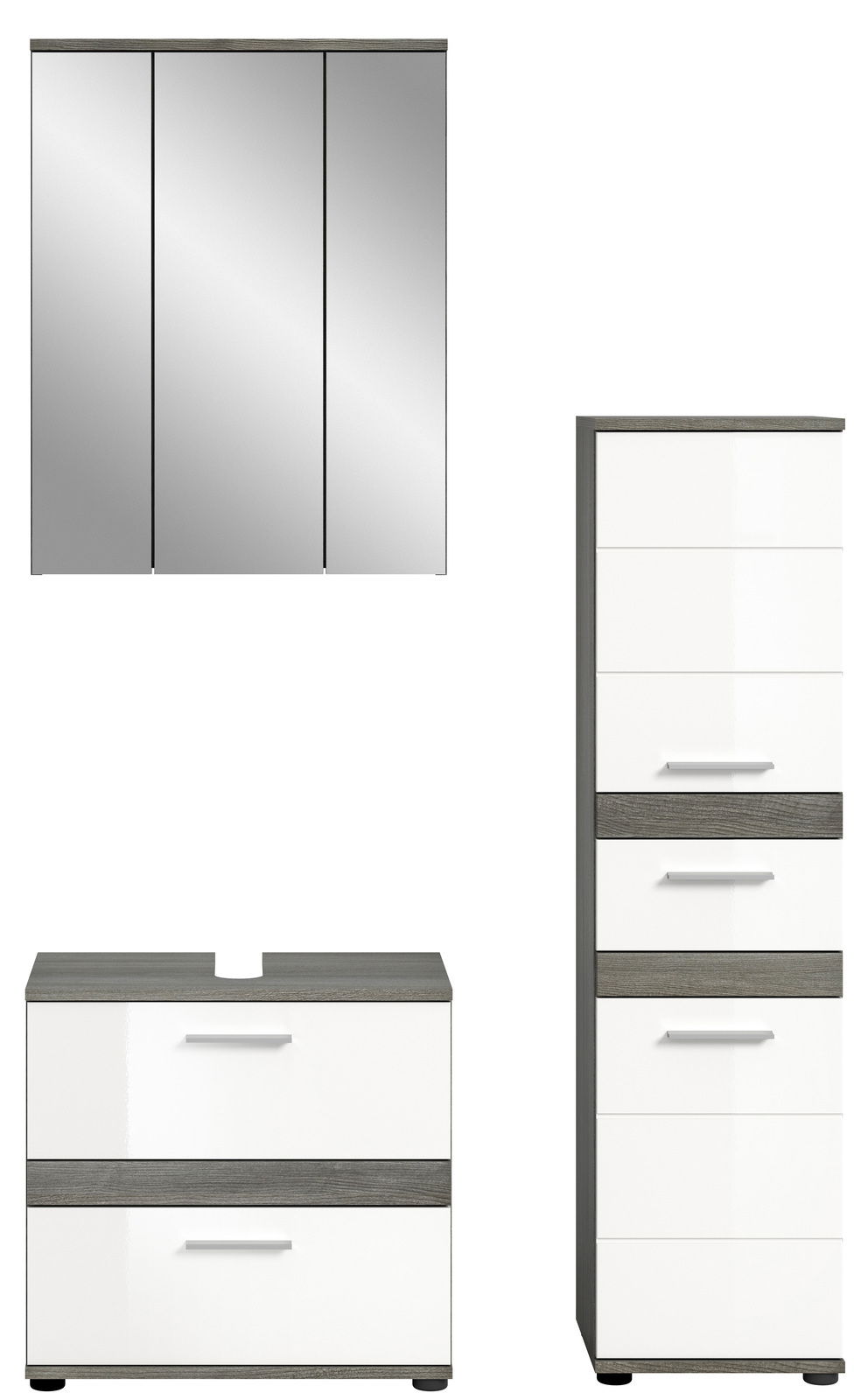 Badezimmermöbel-Set bestehend aus einem Spiegelschrank, einem Waschtischunterschrank und einem Hochschrank, frontal abgebildet.