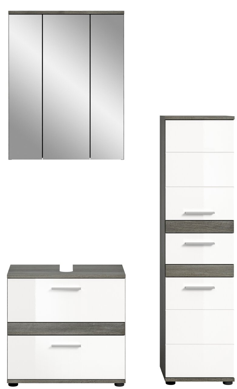 Badezimmermöbel-Set bestehend aus einem Spiegelschrank, einem Waschtischunterschrank und einem Hochschrank, frontal abgebildet.