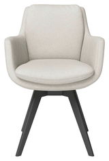 Vorderansicht eines modernen Armlehnstuhls mit hellgrauem Stoffbezug und dunklen Holzbeinen.