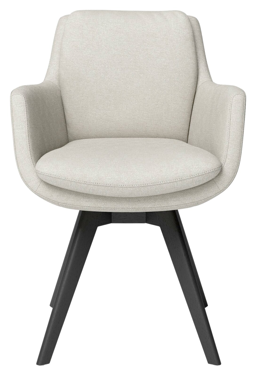 Vorderansicht eines modernen Armlehnstuhls mit hellgrauem Stoffbezug und dunklen Holzbeinen.