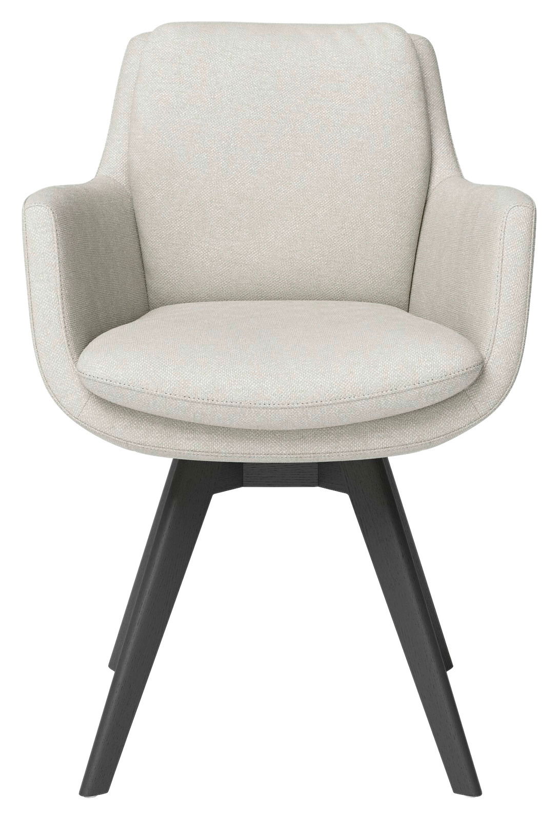 Vorderansicht eines modernen Armlehnstuhls mit hellgrauem Stoffbezug und dunklen Holzbeinen.