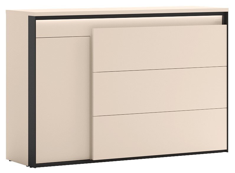 Hom´in Dressoir ZAYA Beige dressoir/commode met zwarte omlijsting, links een kastdeur en rechts drie brede lades, getoond in schuin vooraanzicht.