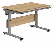 Höhenverstellbarer Schreibtisch aus Holz mit Metallbeinen, seitliche Ansicht