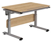 Höhenverstellbarer Schreibtisch aus Holz mit Metallbeinen, seitliche Ansicht