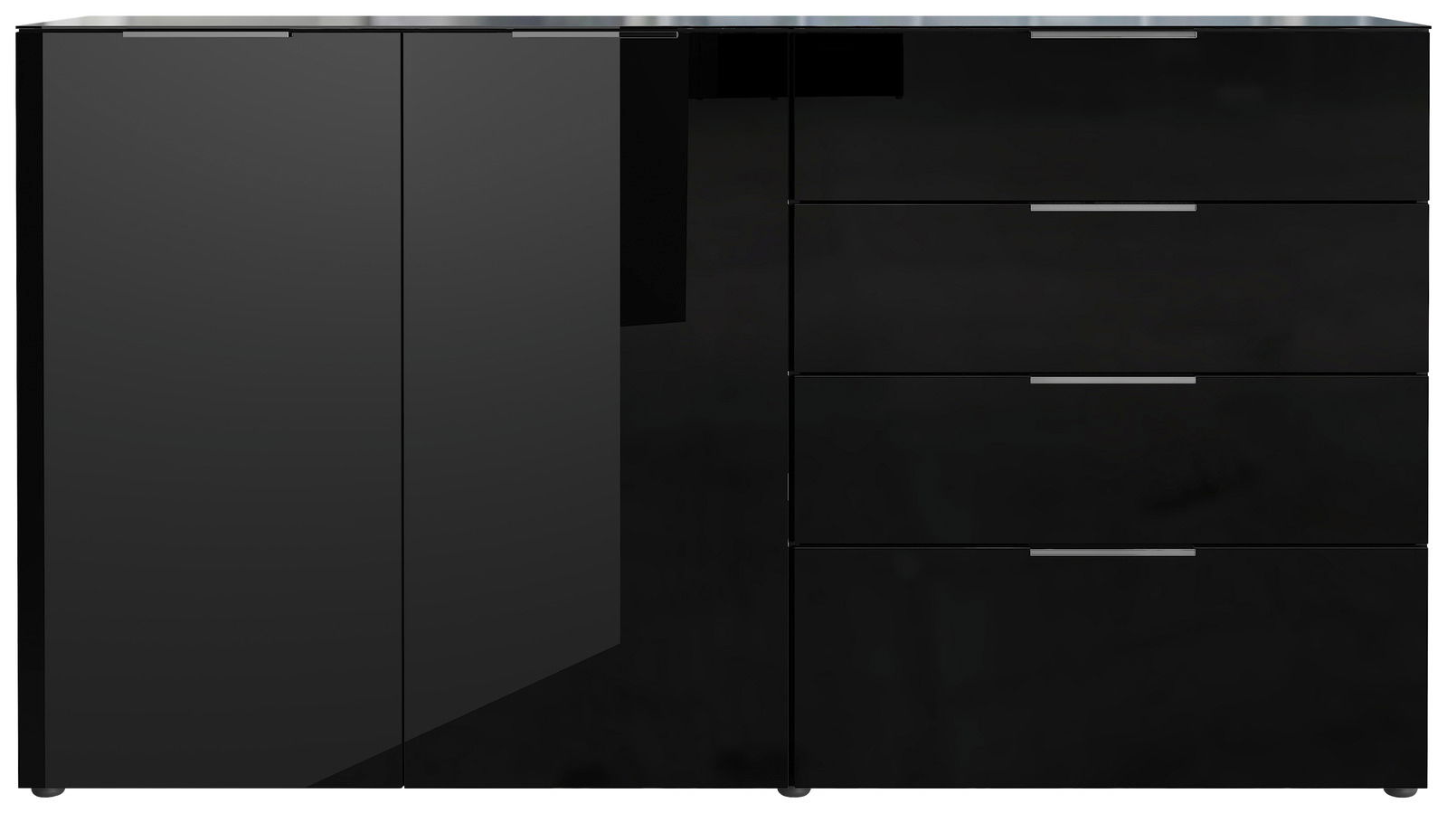 Frontansicht eines schwarzen XL-Sideboards mit zwei Türen und vier Schubladen, modernes Design