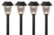 Vier schwarze Solar Stabbeleuchten mit transparentem Lampenschirm, frontal betrachtet.