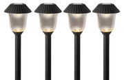 Vier schwarze Solar Stabbeleuchten mit transparentem Lampenschirm, frontal betrachtet.