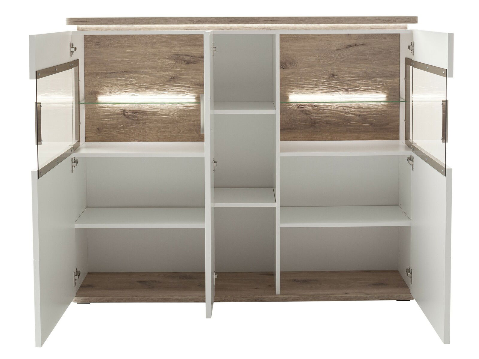 Offenes Highboard mit Holzoptik und weißen Türen, Innenansicht mit mehreren Regalfächern und LED-Beleuchtung, frontale Perspektive