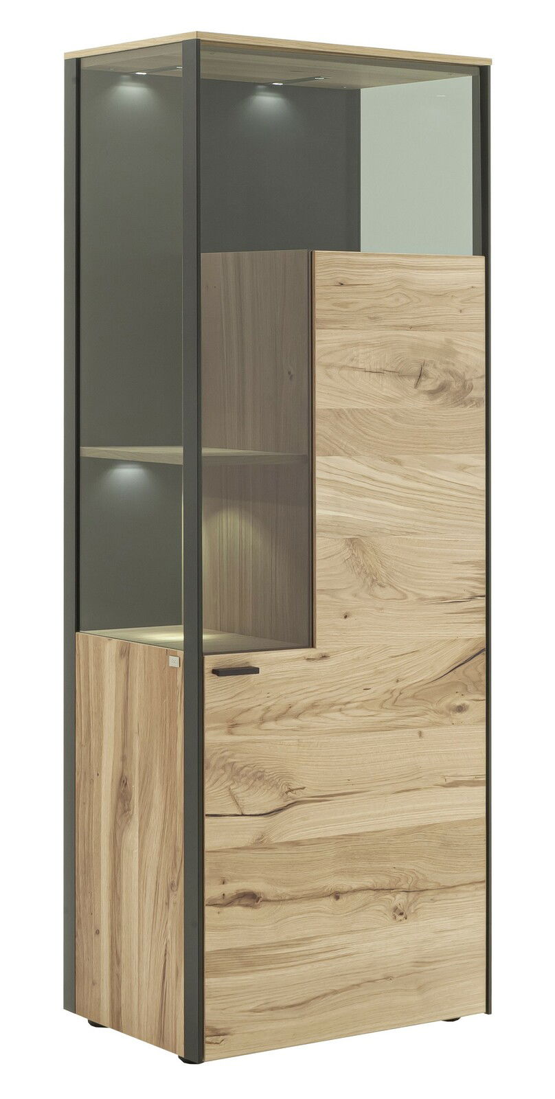 Schöner Wohnen Highboard ANDRA Modernes Highboard aus Holz mit Glasvitrine und integrierter Beleuchtung, seitliche Perspektive