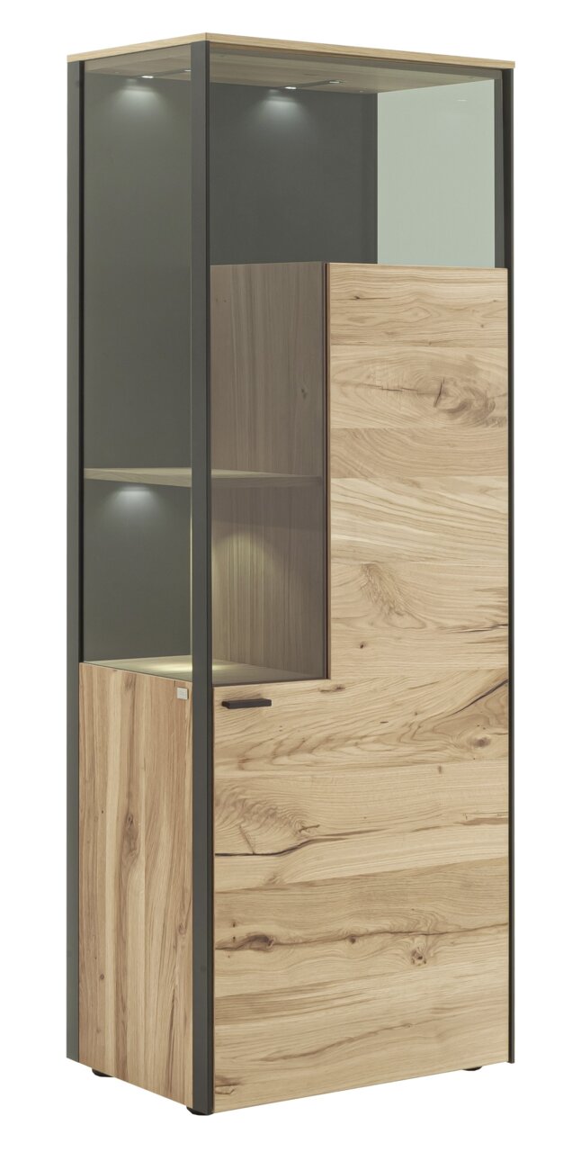 Modernes Highboard aus Holz mit Glasvitrine und integrierter Beleuchtung, seitliche Perspektive
