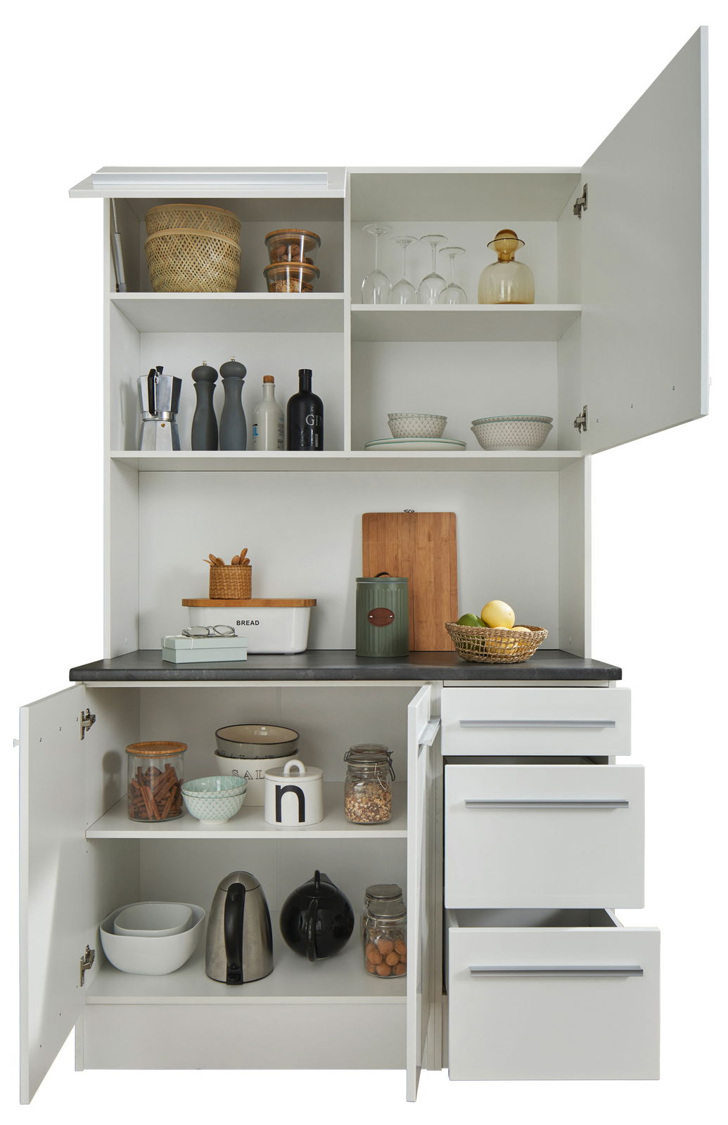 Weißer Buffet-Schrank mit offenen Türen und Schubladen, gefüllt mit Küchenutensilien und Geschirr, frontal betrachtet.