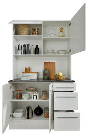 Weißer Buffet-Schrank mit offenen Türen und Schubladen, gefüllt mit Küchenutensilien und Geschirr, frontal betrachtet.