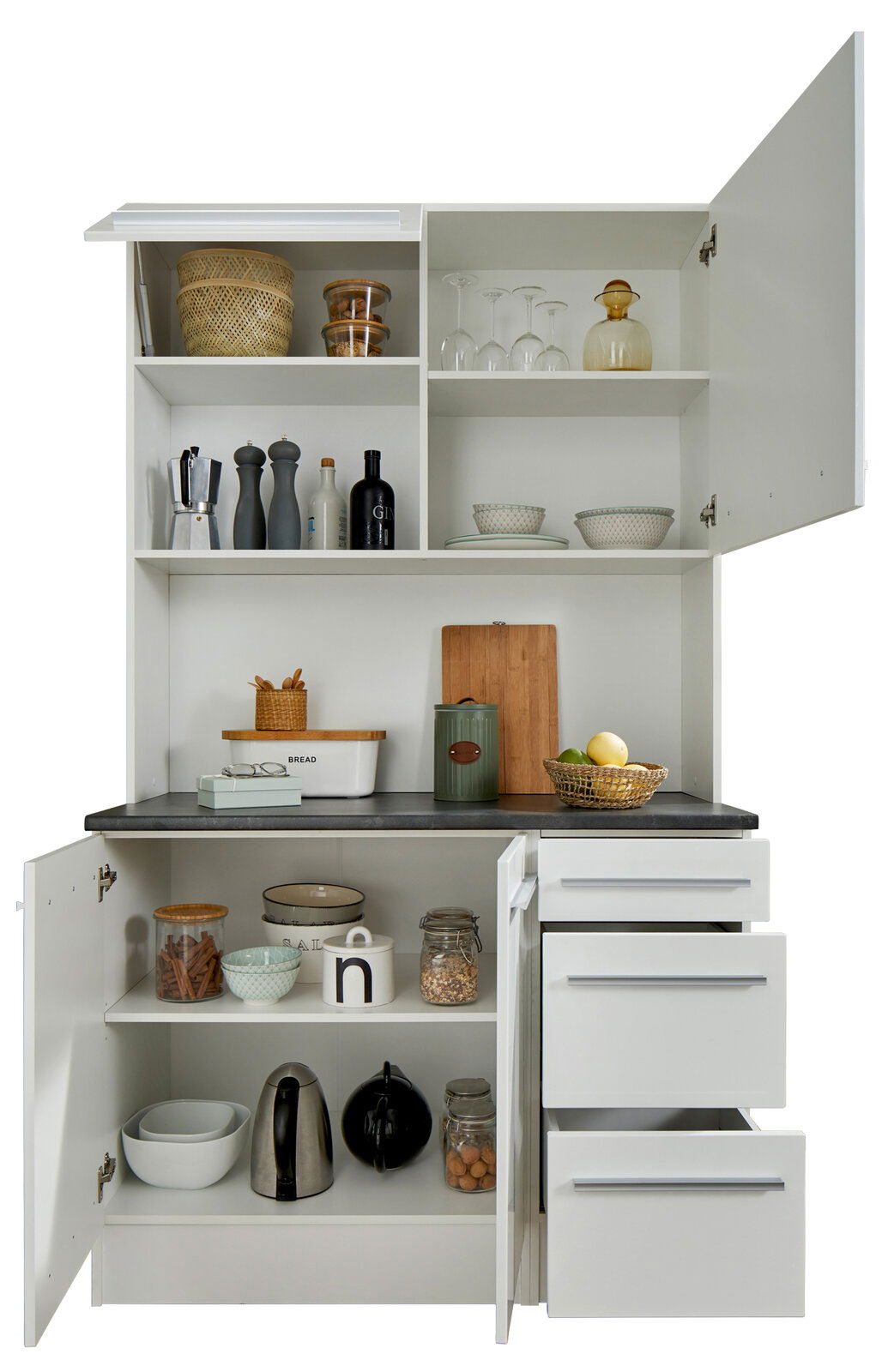 Weißer Buffet-Schrank mit offenen Türen und Schubladen, gefüllt mit Küchenutensilien und Geschirr, frontal betrachtet.