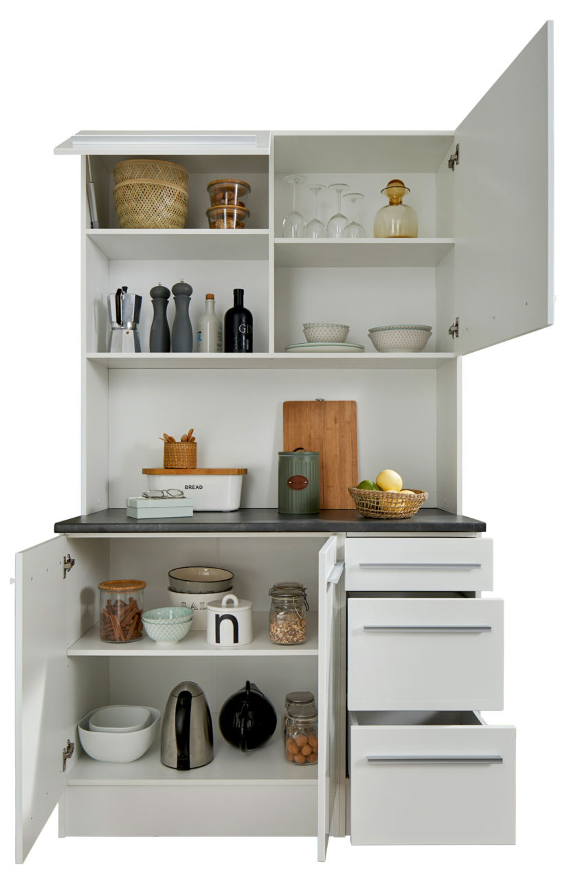 Weißer Buffet-Schrank mit offenen Türen und Schubladen, gefüllt mit Küchenutensilien und Geschirr, frontal betrachtet.