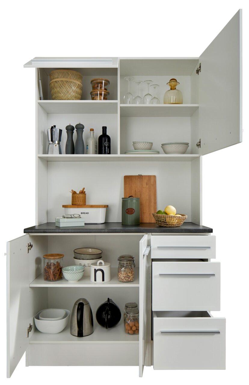 Weißer Buffet-Schrank mit offenen Türen und Schubladen, gefüllt mit Küchenutensilien und Geschirr, frontal betrachtet.
