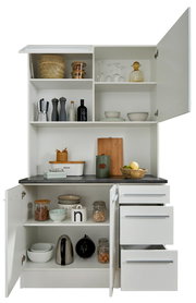 Weißer Buffet-Schrank mit offenen Türen und Schubladen, gefüllt mit Küchenutensilien und Geschirr, frontal betrachtet.