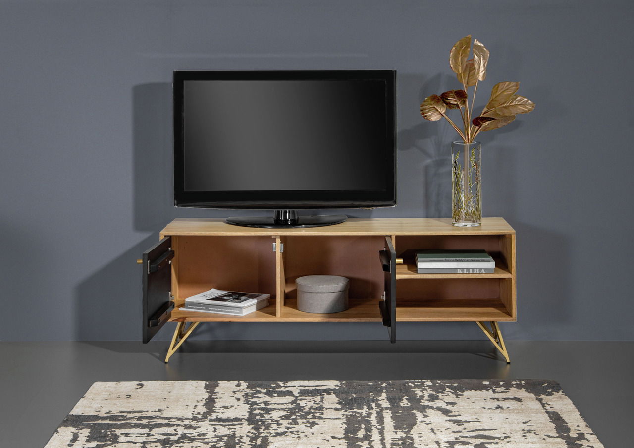 TV-Lowboard aus Holz mit offenen Türen, dekoriert mit einem Fernseher und einer Vase, frontal betrachtet.