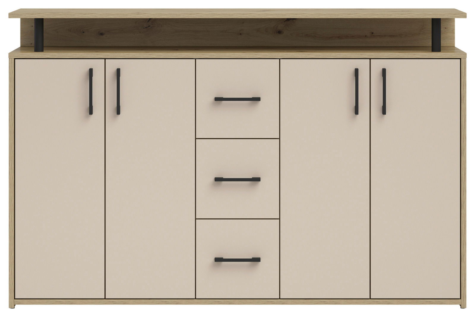 Frontale Ansicht eines modernen Sideboards mit vier Türen und drei Schubladen in Holzoptik und schwarzen Griffen.