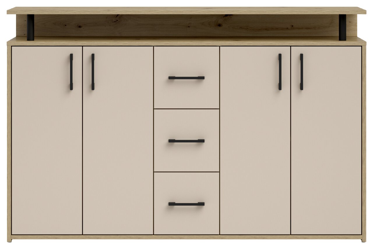 Frontale Ansicht eines modernen Sideboards mit vier Türen und drei Schubladen in Holzoptik und schwarzen Griffen.