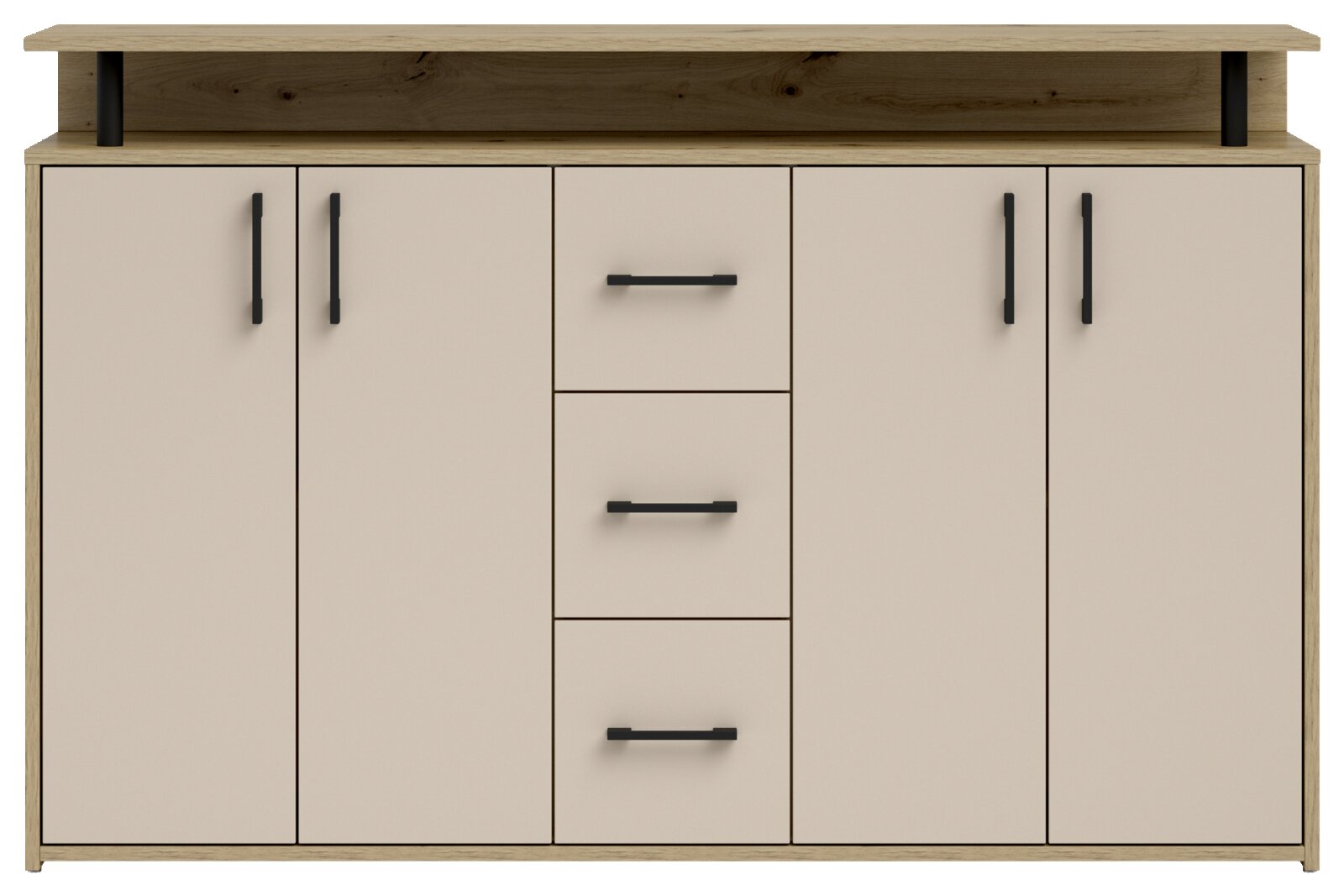 Frontale Ansicht eines modernen Sideboards mit vier Türen und drei Schubladen in Holzoptik und schwarzen Griffen.