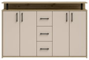 Frontale Ansicht eines modernen Sideboards mit vier Türen und drei Schubladen in Holzoptik und schwarzen Griffen.