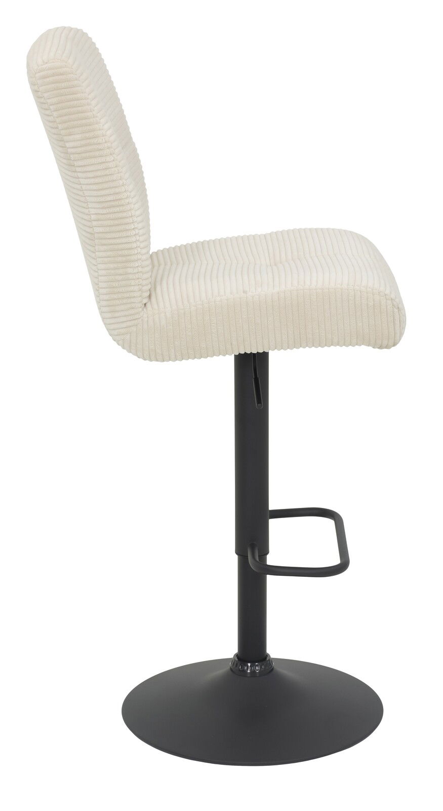 Seitenansicht eines Barhockers mit cremefarbenem, geripptem Stoffbezug und schwarzem Metallfuß.