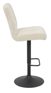 Seitenansicht eines Barhockers mit cremefarbenem, geripptem Stoffbezug und schwarzem Metallfuß.