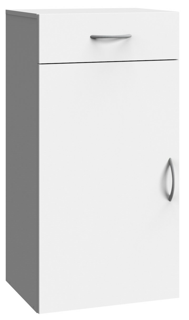 Weiße Kommode mit einer Schublade und einer Tür, seitliche Perspektive